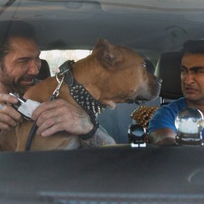 Dave Bautista as Vic, Pico the Pibble, and Kumail Nanjiani as Stu in “Stuber”.